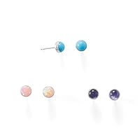 925 Sterling Silver Set of 3 Simulated Pink Opal Simulated Turquoise and Iolite Button Studs of 3 4. Jewelry for Women