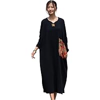 Women Beach Dress Applique Maxi Shirt Dress Linen Cotton Patchwork Long Bohemian Dress