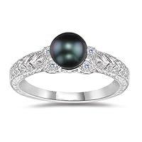 0.04 Cts Diamond & 6 mm Black Pearl Antique Ring in 14K White Gold