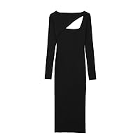 Spring Black Open Women' Asymmetric Knitted Dress Retro Long Sleeve Round Neck Slim