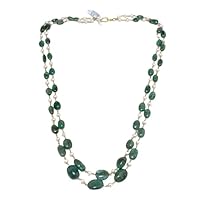 Rajasthan Gems Necklace Beautiful 2 Line Real 14K Yellow Gold Wire Natural Emerald & Freshwater Pearl Bead Gem Stone Handmade Women Gift E339, GREEN