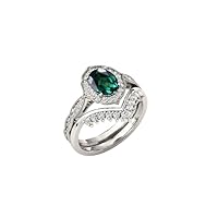 18K Vintage Emerald Engagement Ring Set 3 CT Art Deco Emerald Bridal Ring Set Gold Emerald Gemstone Wedding Ring Set Unique Anniversary Ring Set