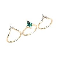 1 CT Vintage Emerald Kite shaped Engagement Rings Set 14k Gold Emerald Wedding Ring Set Antique Emerald Bridal Promise Ring Set Anniversary Ring Set
