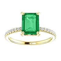 1.5 CT Hidden Halo Emerald Cut Emerald Ring 14K Yellow Gold, Invisible Halo Green Emerald Diamond Ring,Genuine Emerald Engagement Ring, Wedding Ring, Handmade Jewelry