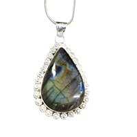 Handmade 925 Sterling Silver Genuine Pear Blue Fire Labradorite Gemstone Pendant Gift For Her