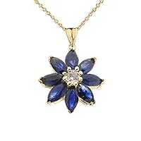 GENUINE SAPPHIRE AND DIAMOND DAISY PENDANT NECKLACE IN YELLOW GOLD - Gold Purity:: 10K, Pendant/Necklace Option: Pendant With 22