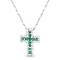 18K White Gold Round Shape .17ct Emerald & .14ct White Diamond Cross Pendant Necklace