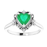 Vintage Halo 1 CT Heart Shape Emerald Diamond Ring 10K White Gold, Victorian Natural Green Emerald Engagement Ring, Antique Emerald Ring, Wedding Ring