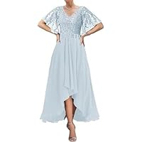 Ruffle Sleeves Lace Mother of The Bride Dresses for Wedding Tea Length High Low Pleated Formal Evening Party Gown