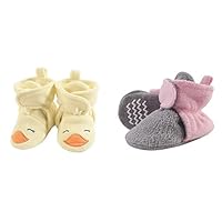 Hudson Baby Girl Cozy Fleece Booties 2-Pack, Yellow Duck Light Pink Heather Gray, 18-24 Months
