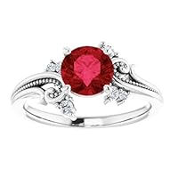 Vintage Floral Natural 1 CT Ruby Engagement Ring Platinum, Filigree Ruby Diamond Ring, Genuine Ruby Twig Leaf Ring, July Birthstone Ring, Sopia