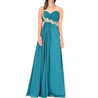 Empire One Shoulder Chiffon Long Dress Accented with Jewel.