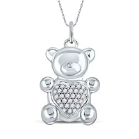 DTJEWELS 0.10 CT Round Cut Diamond Teddy Bear Heart Animal Pendant Necklace Real 925 Sterling Silver