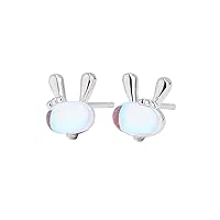 Cute Rabbit Moonstone Mini Stud Earrings 925 Sterling Silver Bunny Animal Cartilage Studs Earring for Women Teen Girls Daughter Hypoallergenic Jewelry Birthday Gifts