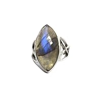 Vintage Labradorite Solitaire Ring For Women 925 Sterling Silver Boho Ring Jewelry Marquise Shape Gemstone Promise Ring For Gift November Birthstone Ring Size (US 9.5)