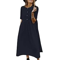 TIAFORD Women's Cotton Linen Dresses Short Sleeve Button Up Dress A-Line Pleated Plus Size Midi Dress with Pockets