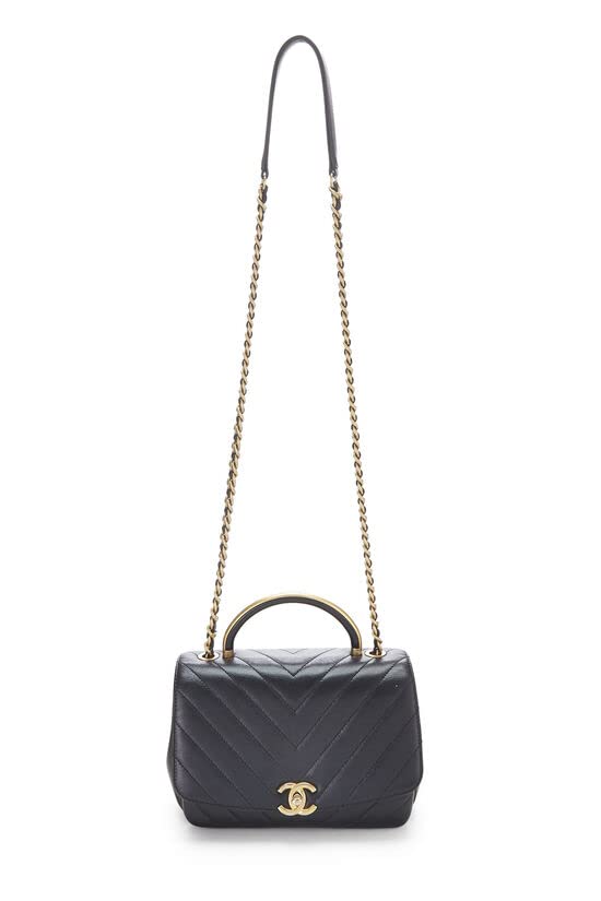 CHANEL, Pre-Loved Black Chevron Calfskin Top Handle Bag, Black