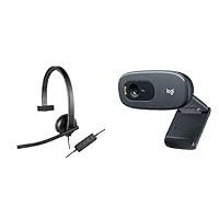 Logitech USB H570e Corded Single-Ear Headset & C270 Desktop or Laptop Webcam, HD 720p Widescreen for Video Calling and Recording