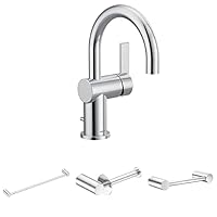 6221 CIA Collection Single Handle Bathroom Sink Faucet, Chrome + 18 in. Modern Single Towel Bar + Toilet Paper Holder + Hand Towel Bar