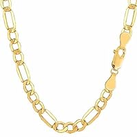 14k REAL Yellow Gold 3.5mm, 4.6mm, 5.4mm, Or 6.5mm Shiny Diamond-Cut Alternate Classic Mens Hollow Figaro Chain Necklace for Pendants and Charms with Lobster-Claw Clasp (7