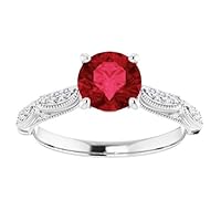1 CT Victorian Ruby Engagement Ring White Gold, Vintage Red Ruby Diamond Ring, Art Deco Chatham Ruby Ring, Milgrain Beads Set Ruby Ring