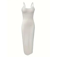 Women's Solid Basic Soft U-Neck Spaghetti Strap Maxi Dress Off-Shoulder Thin Sleeveless Dress for Summer Holiday