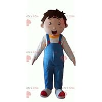 Little boy REDBROKOLY Mascot wearing blue overalls