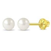 18k Yellow Gold 3mm-6mm Girls' Classic Cultured Pearl Safety Screw Back Earrings - Freshwater Cultured Pearl Earrings for Infants, Toddlers, Little Girls, and Teens