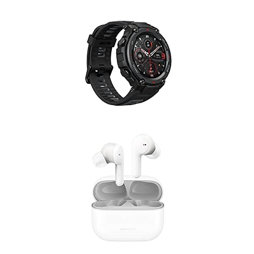 Amazfit T-Rex Pro Smart Watch (Black) + PowerBuds Pro True Wireless Earbuds (White) Bundle, Heart Rate Monitor, Earbuds w/Active Noise Cancellation, Fitness Watch has 100+ Sports Modes