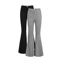 OYOANGLE Girl's 2 Pieces Outfits Rib Knit Elastic Waist Ruched Flared Leg Pants Trousers