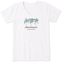 Life is Good Women's Cool Palm Flowers Short Sleeve Crusher Vee (Small, Cloud White)