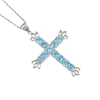 RKGEMSS Natural Blue Zircon Cross Pendant Necklace, 925 Sterling Silver, Yellow Crystal Jewelry, Holy Cross Pendant, Gift For Her, November Birthstone.