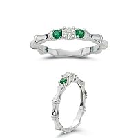 0.15 Carat Diamond & Natural Emerald Bamboo Ring in 18K White Gold-9.5