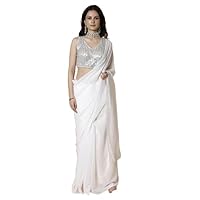 V Vervee Women Georgette White Bollywood Style Saree With Silver Designer Beadwork Pre Stitched Blouse for Party Wedding Anniversary Indian Fancy Dress