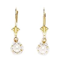 14k Yellow Gold CZ Small Flower Drop Leverback Freshwater Cultured Pearl Earrings Measures 22x7mm Jewelry for Women