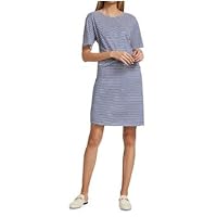 Theory Front Twist Stripe Linen-Cotton T-Shirt Dress, Blue Multi, Small