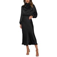 Women Long Sleeve Satin Dress 2023 Fashion Mock Neck High Elastic Waist Smooth Bodycon Midi Dresses