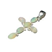 Sterling Silver 925 Genuine Ethiopian Opal Cross Pendant With Chain Jewelry