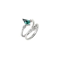 Antique Emerald Kite Shape Engagement Ring Set 2 CT Art Deco Emerald Wedding Ring Set 14k White Gold Emerald Bridal Ring Set For Her