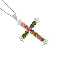 RKGEMSS Natural Multi-colored Tourmaline Cross Pendant Necklace, 925 Sterling Silver, Yellow Crystal Jewelry, Holy Cross Pendant, Gift For Her, October Birthstone.