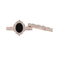 Oval shaped Black Onyx Engagement Ring 2.5 CT Rose Gold Halo Unique Black Stone Engagement Ring Set For Women Wedding Bridal Promise Ring For Her