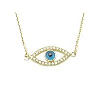 18Kt Gold Sterling Silver Finish White Sapphire Micro Pave Sideway Evil Eye Pendant Cable Chain Necklaces