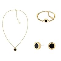 Tommy Hilfiger Women's Ionic Gold Plated Black Onyx Stone Necklace with Black Onyx Chain Bracelet and Black Onyx Stud Earrings