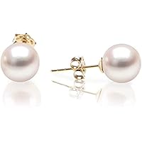14K Gold AAA+ Quality Round White Cultured Pearl Stud Earrings