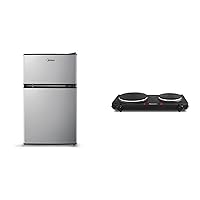 Midea WHD-113FSS1 Compact Refrigerator, 3.1 cu ft, Stainless Steel & Elite Gourmet EDB-302BF# Countertop Double Cast Iron Burner, 1500 Watts Electric Hot Plate, Temperature Controls