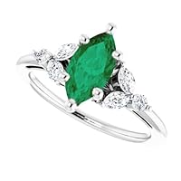 Vintage 1.5 CT Marquise Emerald Ring Platinum, Trillium Green Emerald Engagement Ring, Elvish Emerald Ring, Woodland Marquise Emerald Ring, May Birthstone, Wedding Ring, Bridal Ring, Perfact for Gift