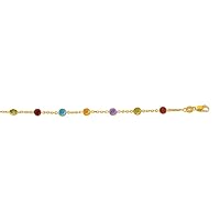 14ct Yellow Gold 1.1mm Cable Chain Alternate Rnd Faceted 5 Color Stone Lobster Clasp Anklet Jewelry for Women - 25 Centimeters