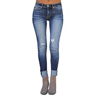 Women's Washed Slim Fit Sexy Jeans Distressed Hold Denim with Hole Frayed Raw Hem Ripped Stretch Denim Pants