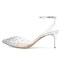 FSJ Women Pencil High Heel Spikes Studded Sandal Slip On D'Orsay Evening Pump Ankle Strap Clear Ballroom Dance Shoe Size 4-15 US