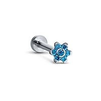 Titanium Labret Monroe Ear Cartilage Threadless Push Pin Nose Stud Blue Flower 932 (7mm) Post 18G
